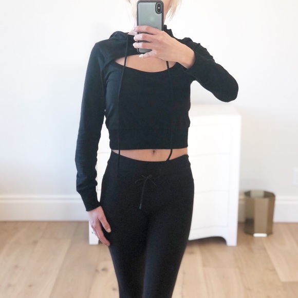 LAST 1! Black Cut Out Crop Top Hoodie Small - Picture 5 of 8